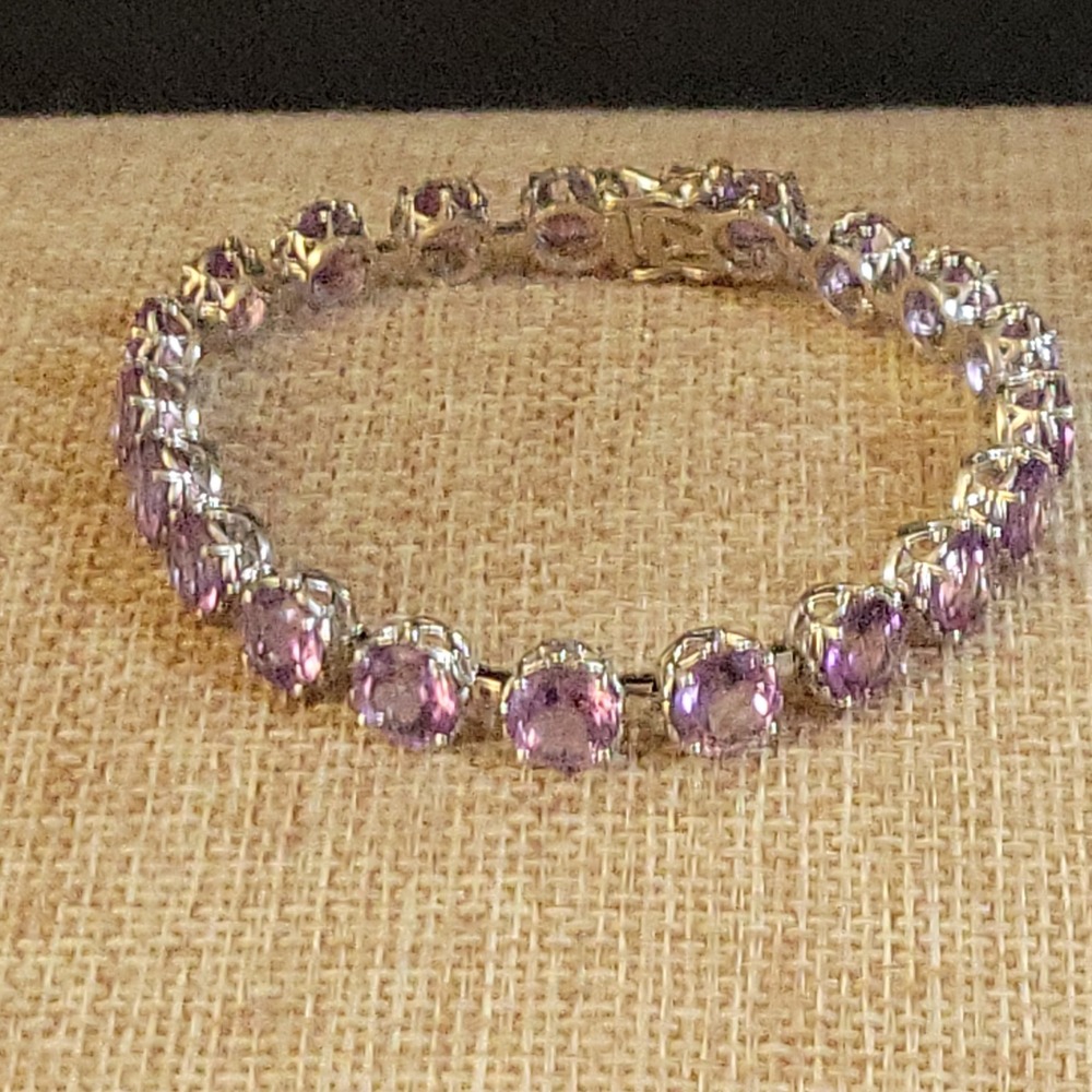 925 Sterling Silver Purple Stone Tennis Bracelet 7.25in Feb Birthday